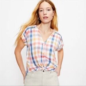 LOFT Colorful Gingham Rolled Sleeve Collarless Button Down Blouse Size MP